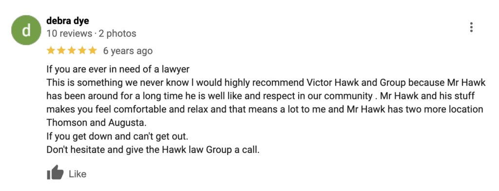 Evans Hawk Law Group Google Review