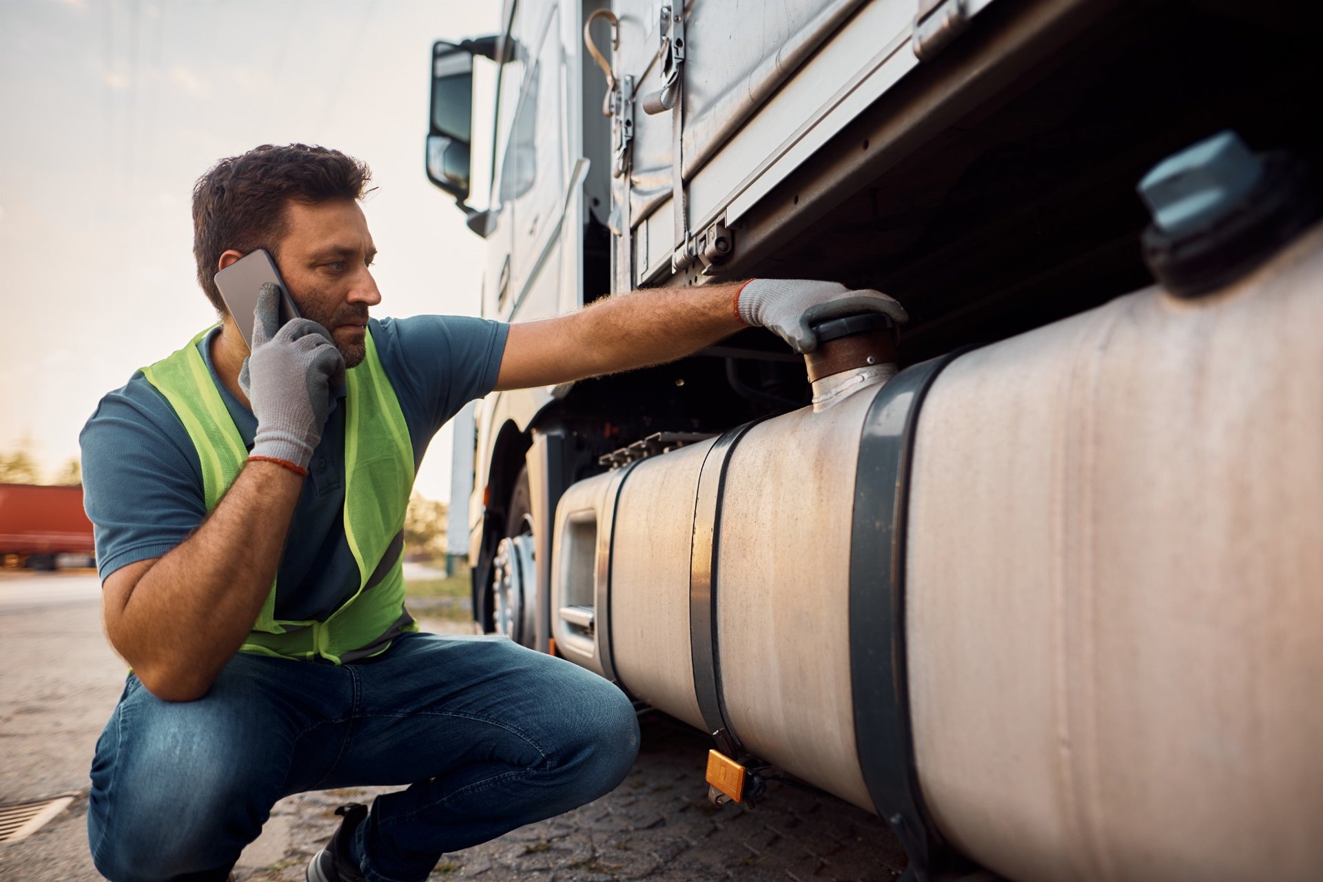 Truck driver checking fuel tank while talking on the phone at a roadside stop